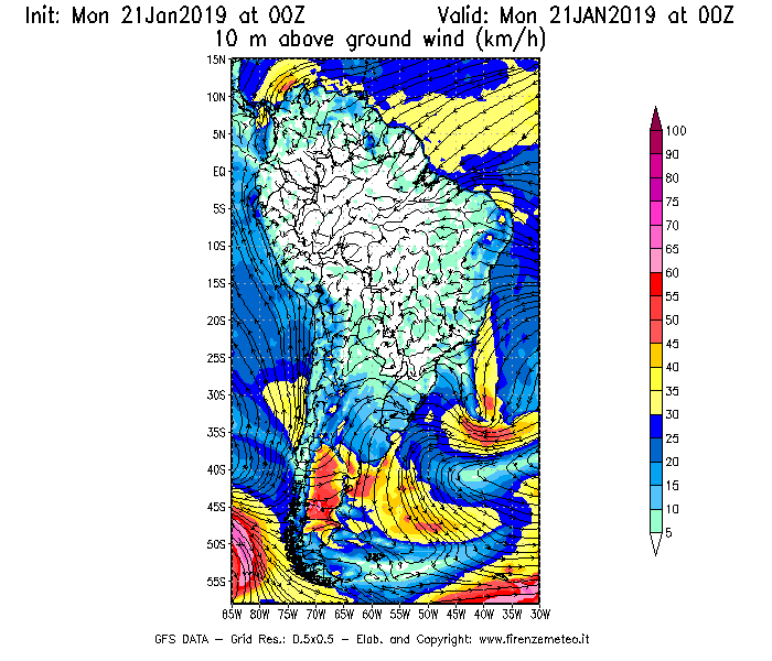 Mappa di analisi GFS - Velocità del vento a 10 metri dal suolo [km/h] in Sud-America
									del 21/01/2019 00 <!--googleoff: index-->UTC<!--googleon: index-->