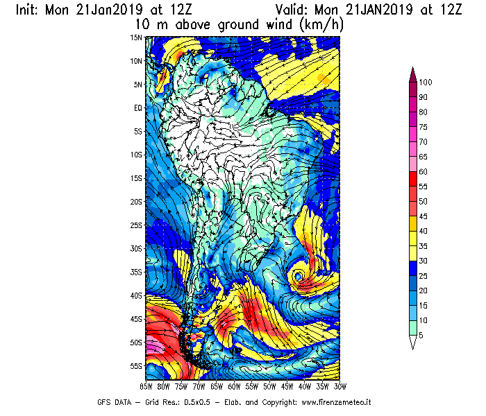 Mappa di analisi GFS - Velocità del vento a 10 metri dal suolo [km/h] in Sud-America
									del 21/01/2019 12 <!--googleoff: index-->UTC<!--googleon: index-->
