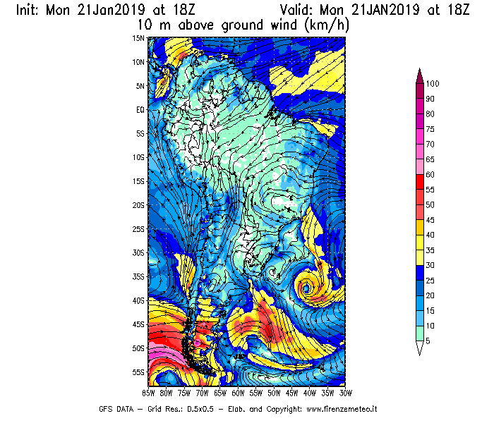 Mappa di analisi GFS - Velocità del vento a 10 metri dal suolo [km/h] in Sud-America
									del 21/01/2019 18 <!--googleoff: index-->UTC<!--googleon: index-->