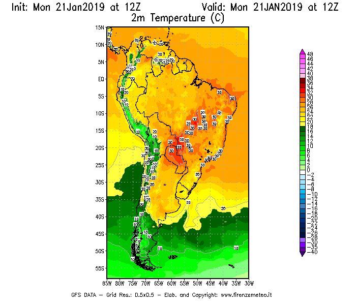 Mappa di analisi GFS - Temperatura a 2 metri dal suolo [°C] in Sud-America
									del 21/01/2019 12 <!--googleoff: index-->UTC<!--googleon: index-->