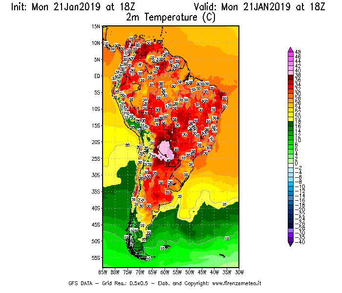 Mappa di analisi GFS - Temperatura a 2 metri dal suolo [°C] in Sud-America
									del 21/01/2019 18 <!--googleoff: index-->UTC<!--googleon: index-->