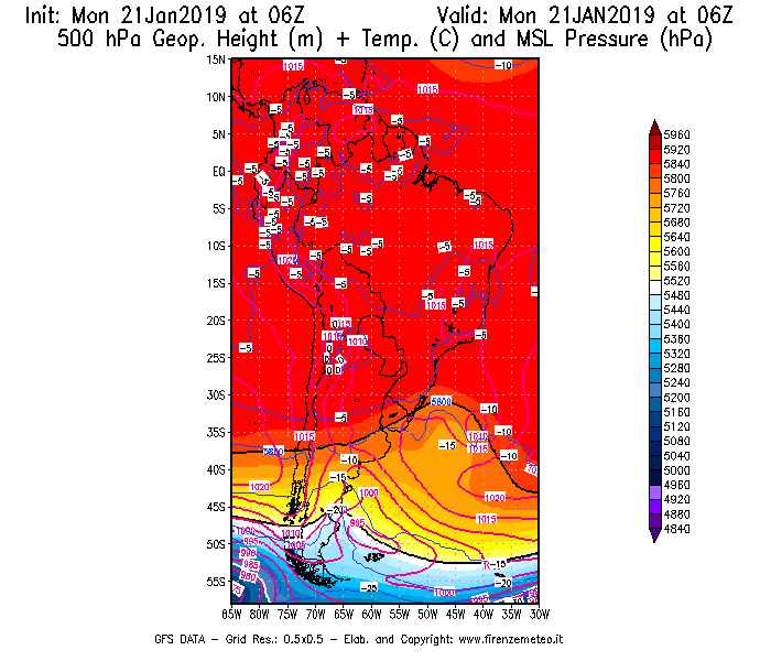 Mappa di analisi GFS - Geopotenziale [m] + Temp. [°C] a 500 hPa + Press. a livello del mare [hPa] in Sud-America
									del 21/01/2019 06 <!--googleoff: index-->UTC<!--googleon: index-->