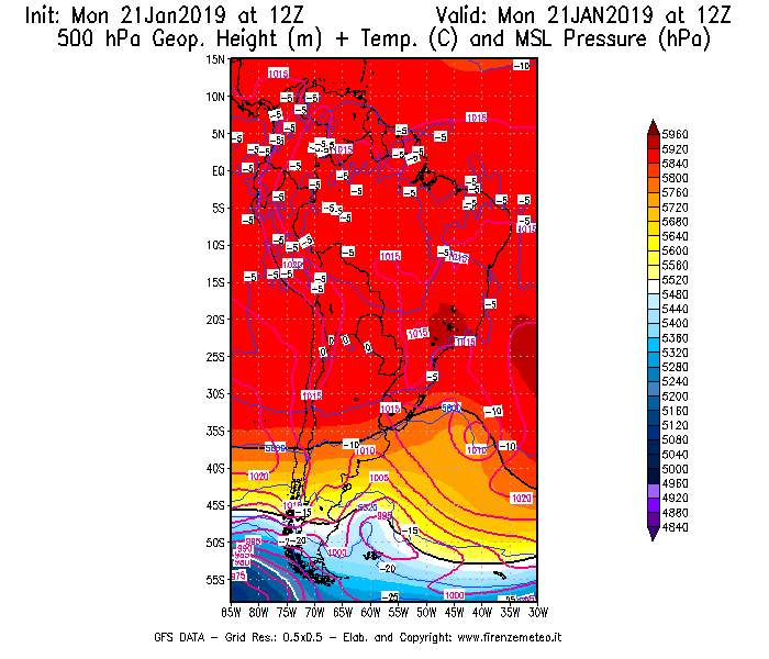 Mappa di analisi GFS - Geopotenziale [m] + Temp. [°C] a 500 hPa + Press. a livello del mare [hPa] in Sud-America
									del 21/01/2019 12 <!--googleoff: index-->UTC<!--googleon: index-->