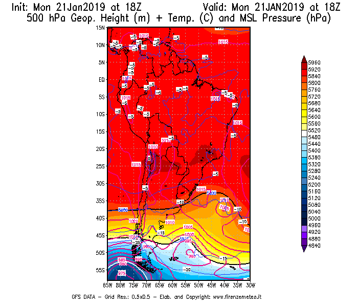 Mappa di analisi GFS - Geopotenziale [m] + Temp. [°C] a 500 hPa + Press. a livello del mare [hPa] in Sud-America
									del 21/01/2019 18 <!--googleoff: index-->UTC<!--googleon: index-->