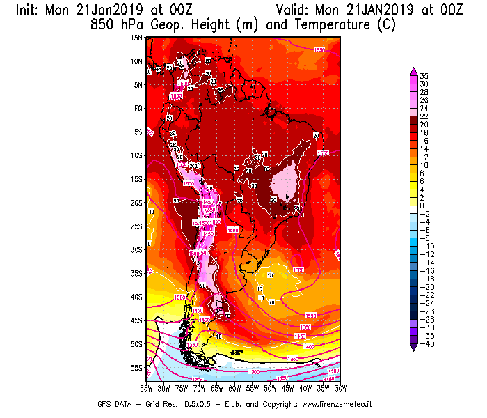 Mappa di analisi GFS - Geopotenziale [m] e Temperatura [°C] a 850 hPa in Sud-America
									del 21/01/2019 00 <!--googleoff: index-->UTC<!--googleon: index-->