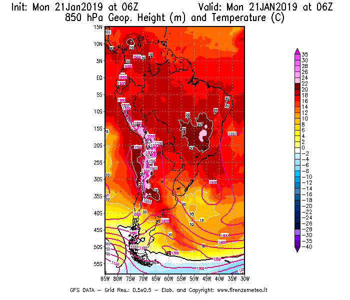 Mappa di analisi GFS - Geopotenziale [m] e Temperatura [°C] a 850 hPa in Sud-America
									del 21/01/2019 06 <!--googleoff: index-->UTC<!--googleon: index-->