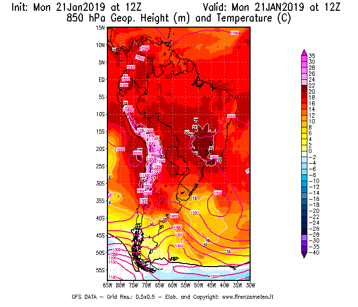 Mappa di analisi GFS - Geopotenziale [m] e Temperatura [°C] a 850 hPa in Sud-America
									del 21/01/2019 12 <!--googleoff: index-->UTC<!--googleon: index-->