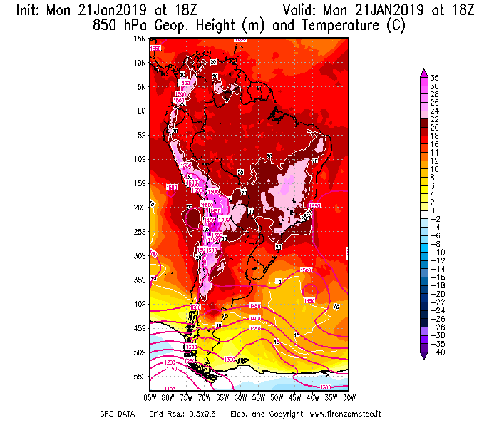 Mappa di analisi GFS - Geopotenziale [m] e Temperatura [°C] a 850 hPa in Sud-America
									del 21/01/2019 18 <!--googleoff: index-->UTC<!--googleon: index-->