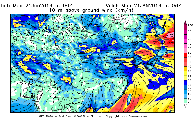 Mappa di analisi GFS - Velocità del vento a 10 metri dal suolo [km/h] in Asia Orientale
									del 21/01/2019 06 <!--googleoff: index-->UTC<!--googleon: index-->