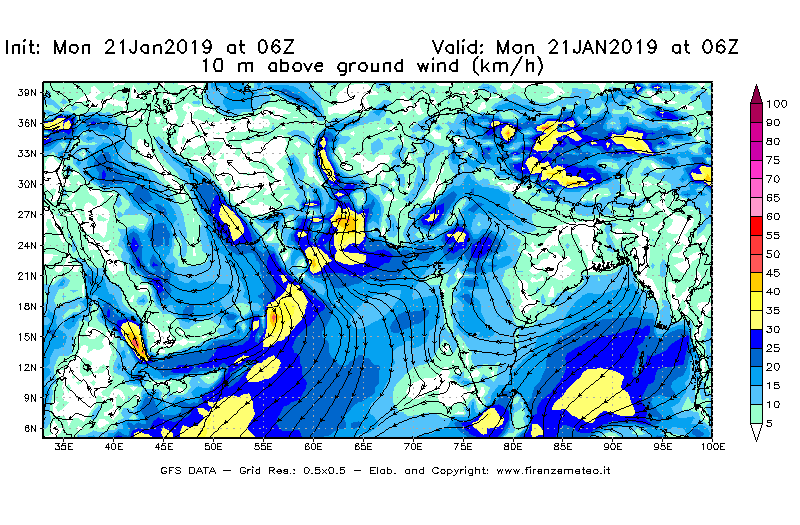Mappa di analisi GFS - Velocità del vento a 10 metri dal suolo [km/h] in Asia Sud-Occidentale
									del 21/01/2019 06 <!--googleoff: index-->UTC<!--googleon: index-->