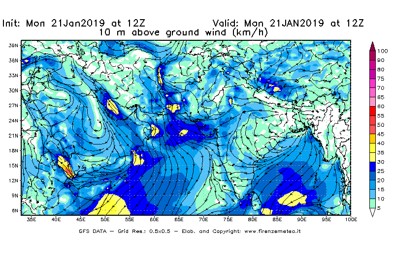 Mappa di analisi GFS - Velocità del vento a 10 metri dal suolo [km/h] in Asia Sud-Occidentale
									del 21/01/2019 12 <!--googleoff: index-->UTC<!--googleon: index-->