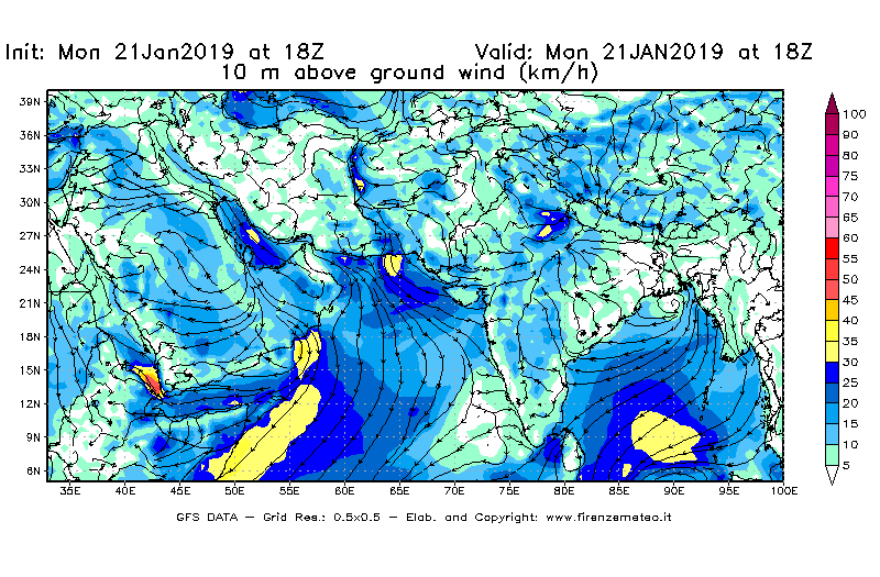 Mappa di analisi GFS - Velocità del vento a 10 metri dal suolo [km/h] in Asia Sud-Occidentale
									del 21/01/2019 18 <!--googleoff: index-->UTC<!--googleon: index-->