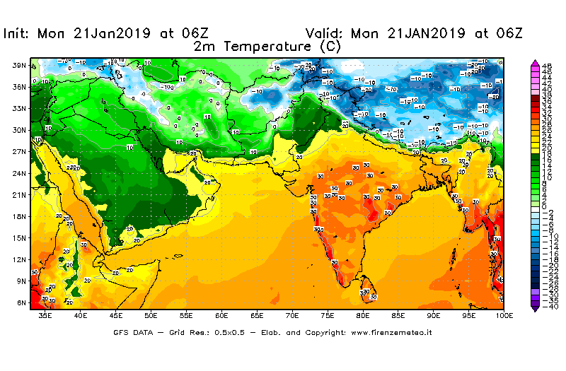 Mappa di analisi GFS - Temperatura a 2 metri dal suolo [°C] in Asia Sud-Occidentale
									del 21/01/2019 06 <!--googleoff: index-->UTC<!--googleon: index-->