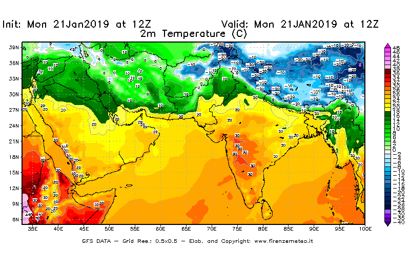 Mappa di analisi GFS - Temperatura a 2 metri dal suolo [°C] in Asia Sud-Occidentale
									del 21/01/2019 12 <!--googleoff: index-->UTC<!--googleon: index-->