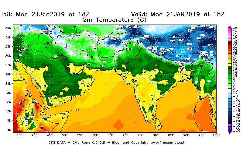 Mappa di analisi GFS - Temperatura a 2 metri dal suolo [°C] in Asia Sud-Occidentale
									del 21/01/2019 18 <!--googleoff: index-->UTC<!--googleon: index-->