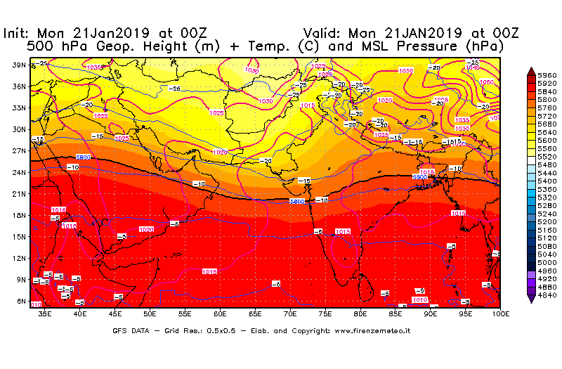 Mappa di analisi GFS - Geopotenziale [m] + Temp. [°C] a 500 hPa + Press. a livello del mare [hPa] in Asia Sud-Occidentale
									del 21/01/2019 00 <!--googleoff: index-->UTC<!--googleon: index-->
