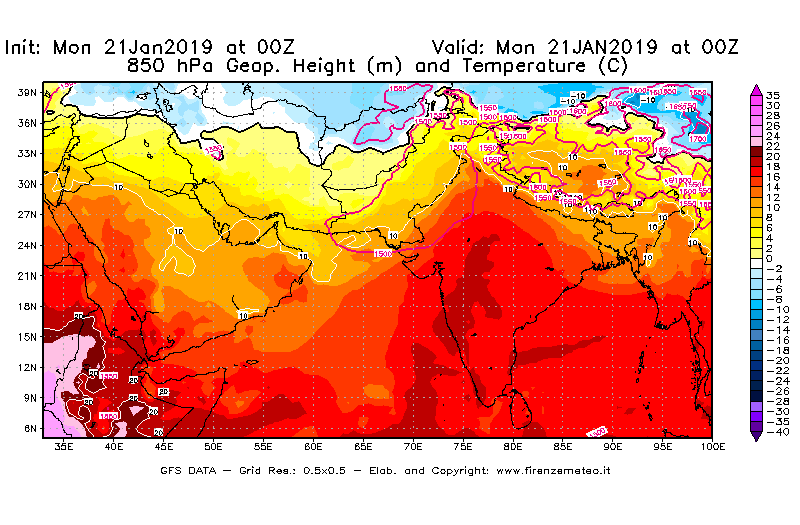 Mappa di analisi GFS - Geopotenziale [m] e Temperatura [°C] a 850 hPa in Asia Sud-Occidentale
									del 21/01/2019 00 <!--googleoff: index-->UTC<!--googleon: index-->