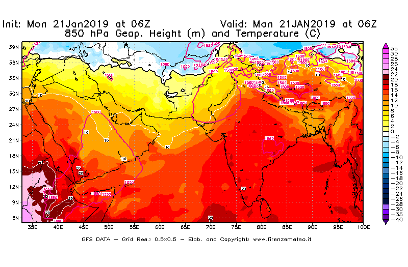 Mappa di analisi GFS - Geopotenziale [m] e Temperatura [°C] a 850 hPa in Asia Sud-Occidentale
									del 21/01/2019 06 <!--googleoff: index-->UTC<!--googleon: index-->