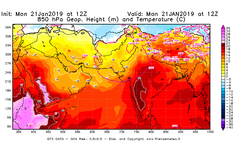 Mappa di analisi GFS - Geopotenziale [m] e Temperatura [°C] a 850 hPa in Asia Sud-Occidentale
									del 21/01/2019 12 <!--googleoff: index-->UTC<!--googleon: index-->