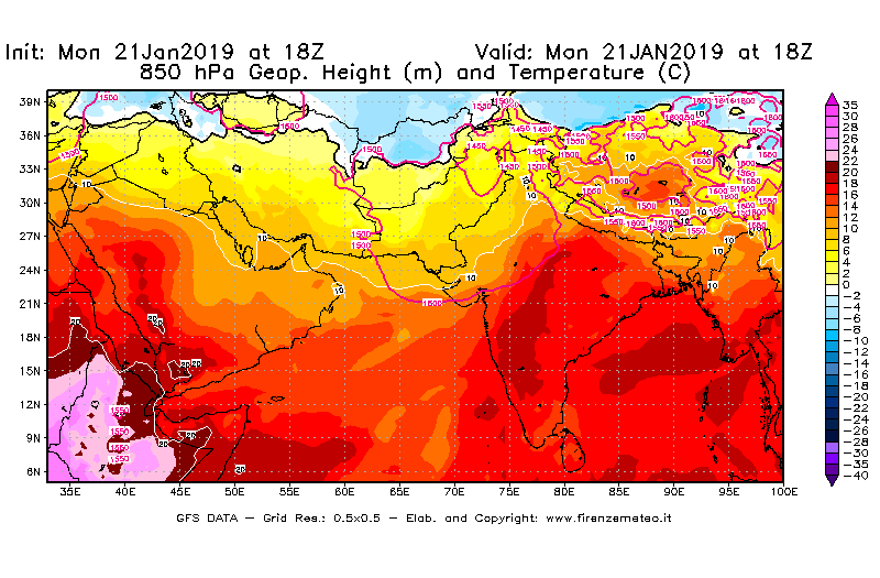 Mappa di analisi GFS - Geopotenziale [m] e Temperatura [°C] a 850 hPa in Asia Sud-Occidentale
									del 21/01/2019 18 <!--googleoff: index-->UTC<!--googleon: index-->