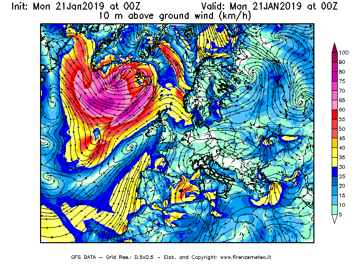 Mappa di analisi GFS - Velocità del vento a 10 metri dal suolo [km/h] in Europa
									del 21/01/2019 00 <!--googleoff: index-->UTC<!--googleon: index-->