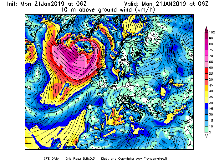 Mappa di analisi GFS - Velocità del vento a 10 metri dal suolo [km/h] in Europa
									del 21/01/2019 06 <!--googleoff: index-->UTC<!--googleon: index-->