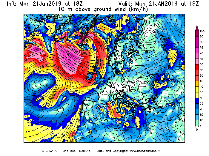 Mappa di analisi GFS - Velocità del vento a 10 metri dal suolo [km/h] in Europa
									del 21/01/2019 18 <!--googleoff: index-->UTC<!--googleon: index-->