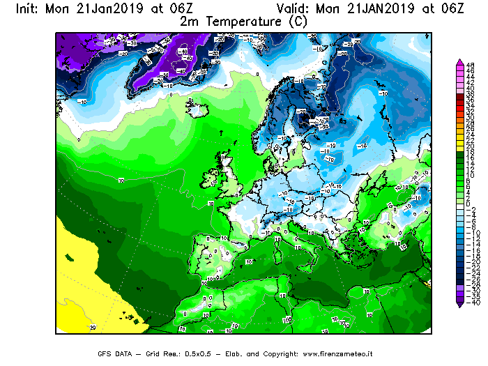 Mappa di analisi GFS - Temperatura a 2 metri dal suolo [°C] in Europa
									del 21/01/2019 06 <!--googleoff: index-->UTC<!--googleon: index-->