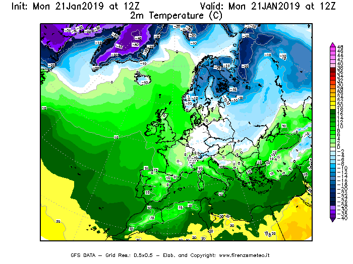 Mappa di analisi GFS - Temperatura a 2 metri dal suolo [°C] in Europa
									del 21/01/2019 12 <!--googleoff: index-->UTC<!--googleon: index-->