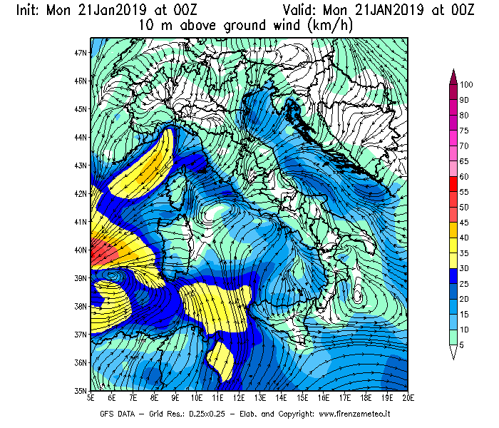 Mappa di analisi GFS - Velocità del vento a 10 metri dal suolo [km/h] in Italia
									del 21/01/2019 00 <!--googleoff: index-->UTC<!--googleon: index-->
