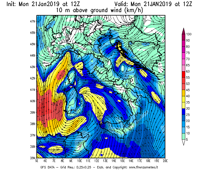 Mappa di analisi GFS - Velocità del vento a 10 metri dal suolo [km/h] in Italia
									del 21/01/2019 12 <!--googleoff: index-->UTC<!--googleon: index-->