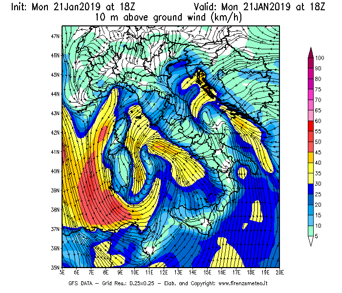 Mappa di analisi GFS - Velocità del vento a 10 metri dal suolo [km/h] in Italia
									del 21/01/2019 18 <!--googleoff: index-->UTC<!--googleon: index-->