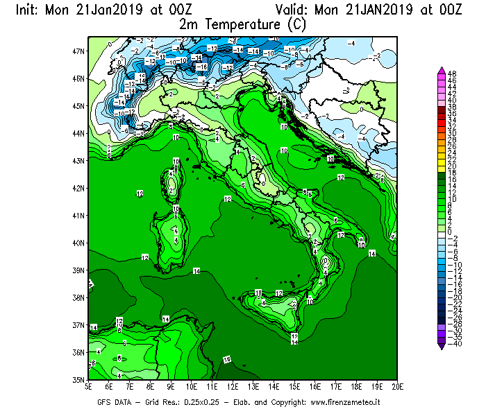 Mappa di analisi GFS - Temperatura a 2 metri dal suolo [°C] in Italia
									del 21/01/2019 00 <!--googleoff: index-->UTC<!--googleon: index-->