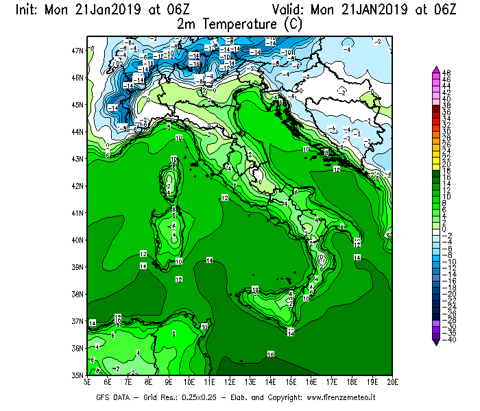 Mappa di analisi GFS - Temperatura a 2 metri dal suolo [°C] in Italia
									del 21/01/2019 06 <!--googleoff: index-->UTC<!--googleon: index-->