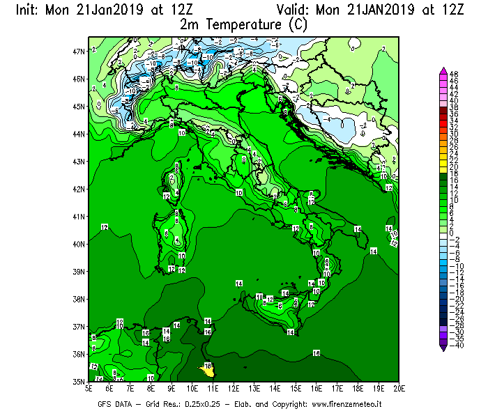 Mappa di analisi GFS - Temperatura a 2 metri dal suolo [°C] in Italia
									del 21/01/2019 12 <!--googleoff: index-->UTC<!--googleon: index-->