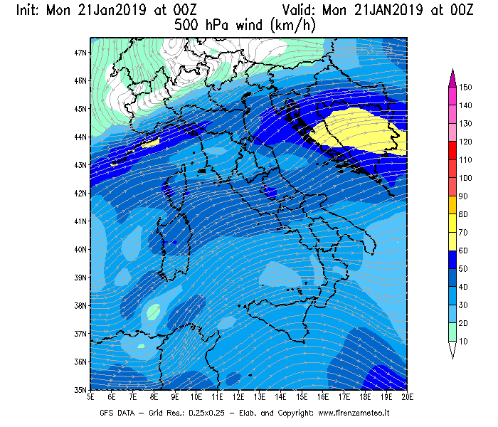 Mappa di analisi GFS - Velocità del vento a 500 hPa [km/h] in Italia
									del 21/01/2019 00 <!--googleoff: index-->UTC<!--googleon: index-->