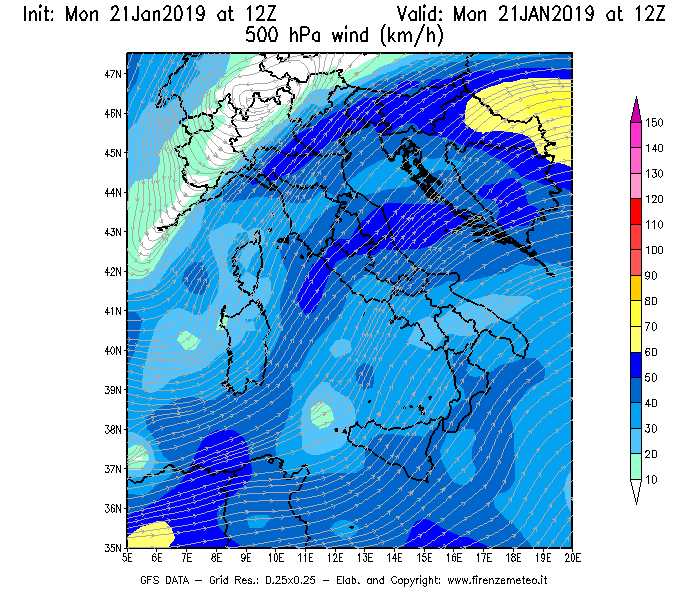 Mappa di analisi GFS - Velocità del vento a 500 hPa [km/h] in Italia
									del 21/01/2019 12 <!--googleoff: index-->UTC<!--googleon: index-->