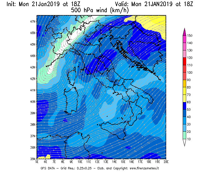 Mappa di analisi GFS - Velocità del vento a 500 hPa [km/h] in Italia
									del 21/01/2019 18 <!--googleoff: index-->UTC<!--googleon: index-->