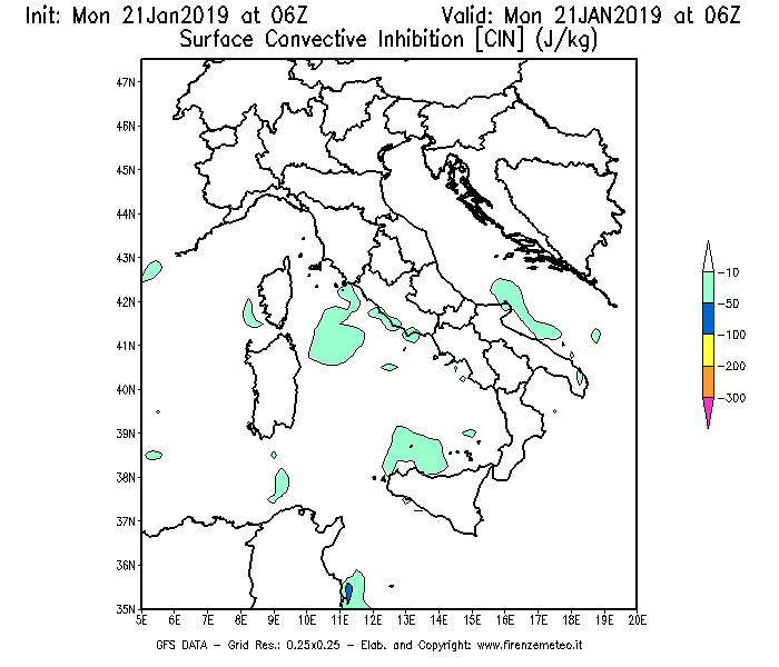 Mappa di analisi GFS - CIN [J/kg] in Italia
									del 21/01/2019 06 <!--googleoff: index-->UTC<!--googleon: index-->