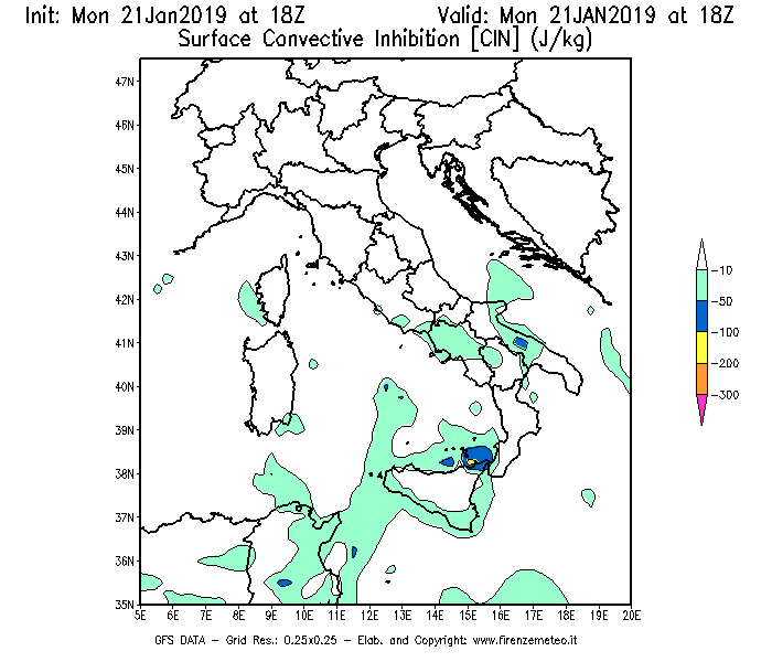 Mappa di analisi GFS - CIN [J/kg] in Italia
									del 21/01/2019 18 <!--googleoff: index-->UTC<!--googleon: index-->