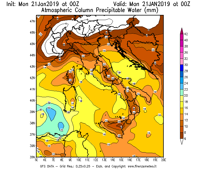 Mappa di analisi GFS - Precipitable Water [mm] in Italia
									del 21/01/2019 00 <!--googleoff: index-->UTC<!--googleon: index-->