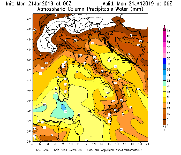 Mappa di analisi GFS - Precipitable Water [mm] in Italia
									del 21/01/2019 06 <!--googleoff: index-->UTC<!--googleon: index-->