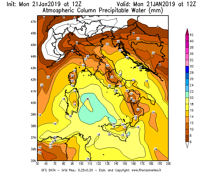 Mappa di analisi GFS - Precipitable Water [mm] in Italia
									del 21/01/2019 12 <!--googleoff: index-->UTC<!--googleon: index-->