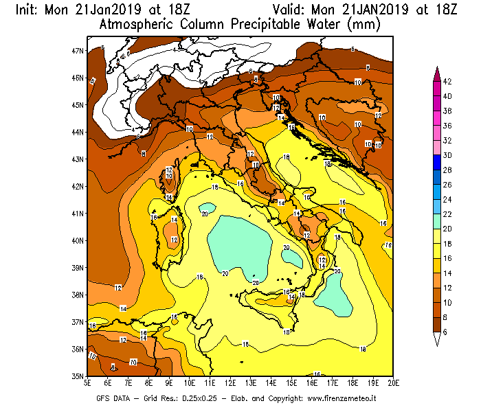Mappa di analisi GFS - Precipitable Water [mm] in Italia
									del 21/01/2019 18 <!--googleoff: index-->UTC<!--googleon: index-->