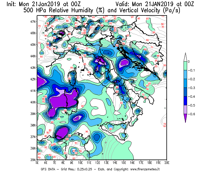 Mappa di analisi GFS - Umidità relativa [%] e Omega [Pa/s] a 500 hPa in Italia
									del 21/01/2019 00 <!--googleoff: index-->UTC<!--googleon: index-->