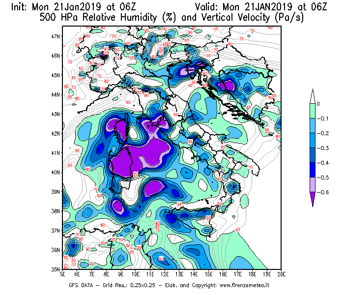 Mappa di analisi GFS - Umidità relativa [%] e Omega [Pa/s] a 500 hPa in Italia
									del 21/01/2019 06 <!--googleoff: index-->UTC<!--googleon: index-->