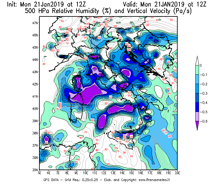 Mappa di analisi GFS - Umidità relativa [%] e Omega [Pa/s] a 500 hPa in Italia
									del 21/01/2019 12 <!--googleoff: index-->UTC<!--googleon: index-->