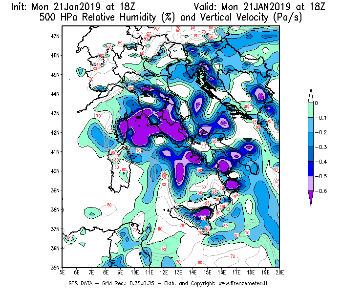 Mappa di analisi GFS - Umidità relativa [%] e Omega [Pa/s] a 500 hPa in Italia
									del 21/01/2019 18 <!--googleoff: index-->UTC<!--googleon: index-->