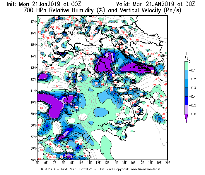 Mappa di analisi GFS - Umidità relativa [%] e Omega [Pa/s] a 700 hPa in Italia
									del 21/01/2019 00 <!--googleoff: index-->UTC<!--googleon: index-->