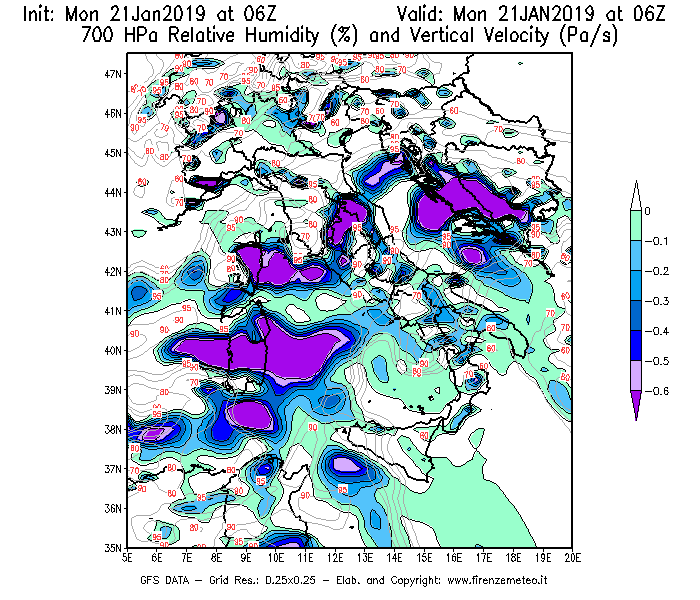 Mappa di analisi GFS - Umidità relativa [%] e Omega [Pa/s] a 700 hPa in Italia
									del 21/01/2019 06 <!--googleoff: index-->UTC<!--googleon: index-->